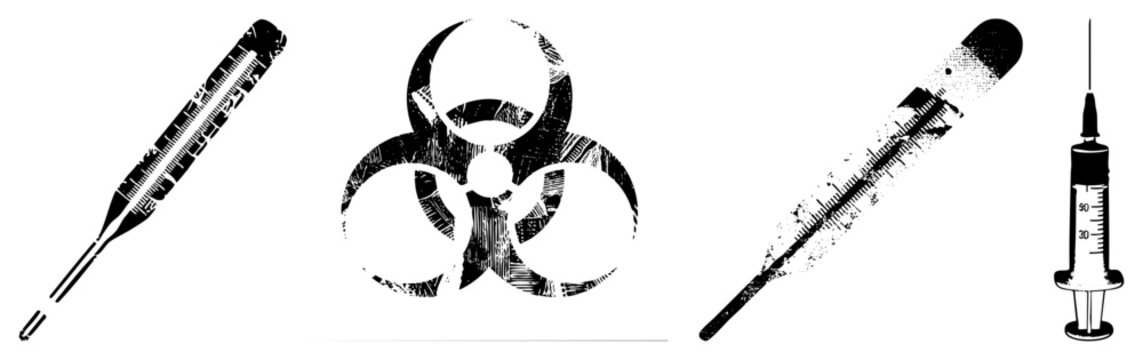 Medical symbols in distressed vector style clinical tools, diagnostics, lab gear, emergency signs. Alt pathology, hospital.