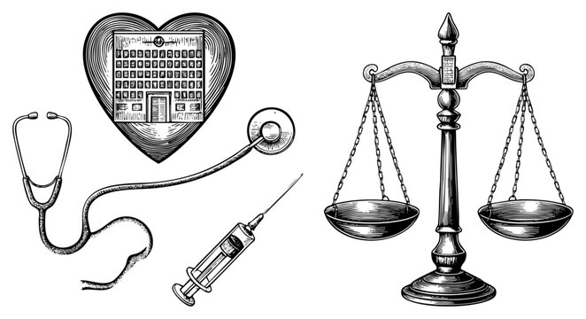 Healthcare featuring hospital heart emblem, diagnostic stethoscope, injection syringe, and balanced scales synonymously representing medical jurisprudence and clinical integrity.