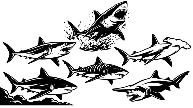 Black and White Vector Line Art Set of Marine Life Sharks: Great White, Hammerhead, Mako, Sawshark, Tiger Shark
