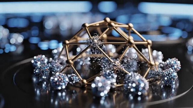 A detailed close-up of a golden geometric structure resembling a molecular model, surrounded by numerous metallic spheres with intricate textures, set against a blurred high-tech background.