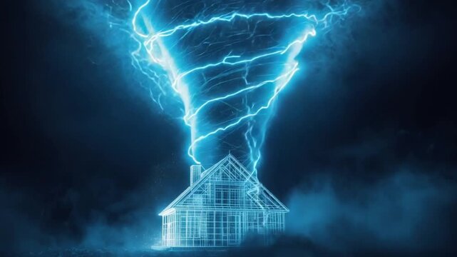Powerful Tornado Lightning Storm Over House Warning Scene