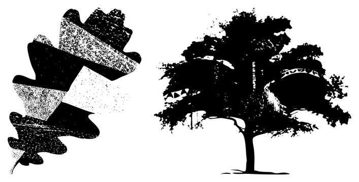 Stylized oak foliage graphic, acorn tree illustration, halftone leaf and canopy design for print or digital use.