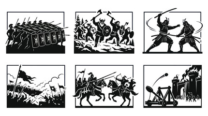 Obraz premium Global Historical Warfare Silhouette Icon Set - Ancient Rome, Vikings, Samurai, Medieval Combat