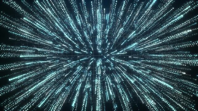 Abstract glowing particles exploding on grid, digital sci-fi background, technology, motion