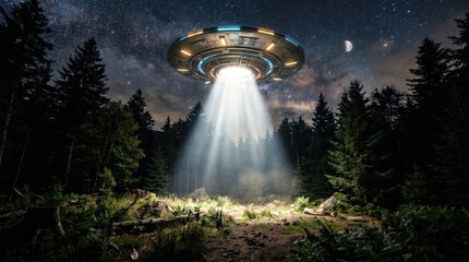 Naklejka premium Ufo shining beam into forest clearing under starry night sky