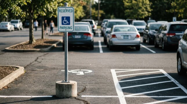 Medium shot of a reserved parking section featuring a prominent pole sign sharp focus on the sign and ground markings surrounding parked cars softly blurred.