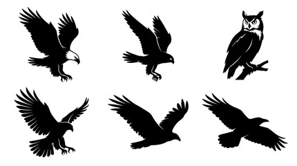 Obraz premium Black White Silhouette Vector Collection of Flying and Perched Birds