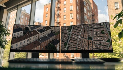 Fototapeta premium Research area showing dual screens with oversized real estate listings and neighborhood maps daylight filtering in focus on main display surface blurred keyboard and desk.