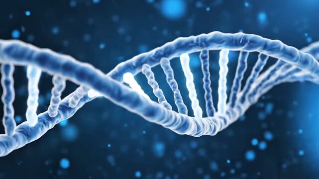A close-up, abstract, and glowing representation of a DNA double helix structure in shades of blue, illustrating molecular biology and genetics.