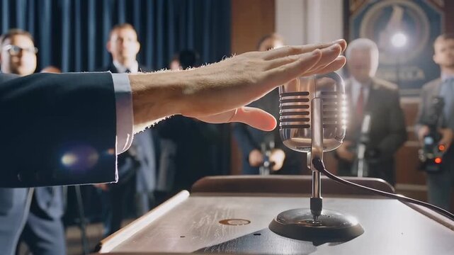 Distinguished Speaker's Hand Gestures Dramatically Over Vintage Microphone During Important Political Speech Event