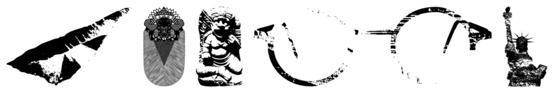 Prehistoric tools, ceremonial idols, and statues rendered as isolated silhouettes glyph style vector cutouts,, archaeological symbols, cultural relics.