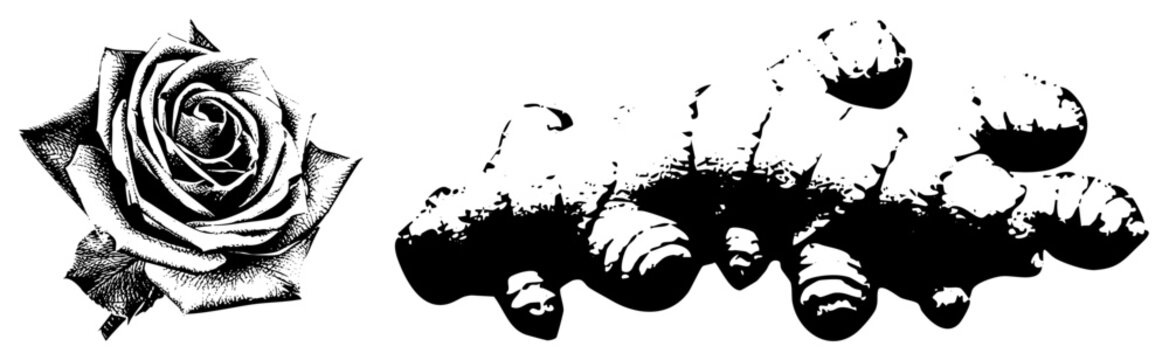 Botanical art depicting a detailed rose bloom and knobby ginger rhizome, rendered in high contrast using stipple shading, ideal for print or digital design.