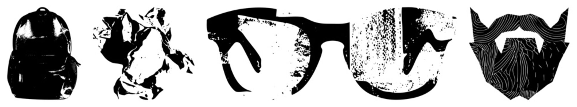 Black and white graphic featuring school bag, balled paper, eyewear frame, and beard ideal for logos, UI assets, or minimalist design. Alternate names glyph pack, cutout symbols.