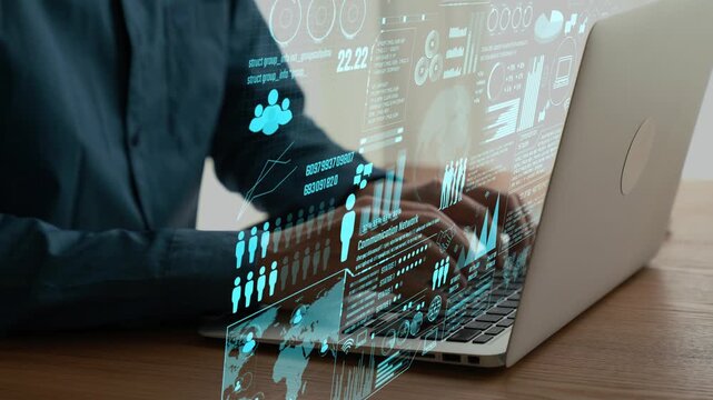 Explore a modern communication network displayed on a laptop with dynamic data visualizations, perfect for illustrating technology, analysis, and digital interaction. Cipher