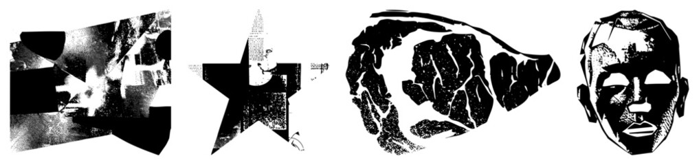 Fototapeta premium Black and white graphic with halftone star, steak, angular mask, fragmented collage. Alt monochromatic vector montage, graphic art assemblage.