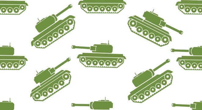 Seamless Pattern of Green Military Tanks on White Background