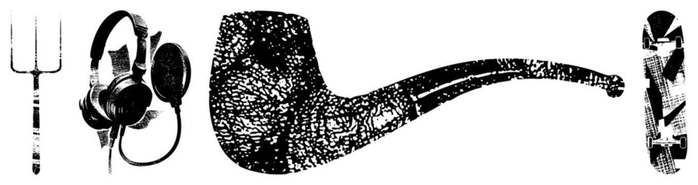Black and white halftone graphic with pipe, headphones, pitchfork, skateboard great for retro design or print. Also called dot matrix vector or stipple art.