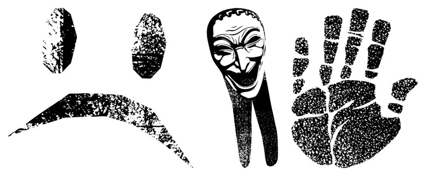 Stylized anarchist including V for Vendetta mask, inked palm print, and fragmented forms also known as protest symbols or hacktivist motifs, rendered in gritty.