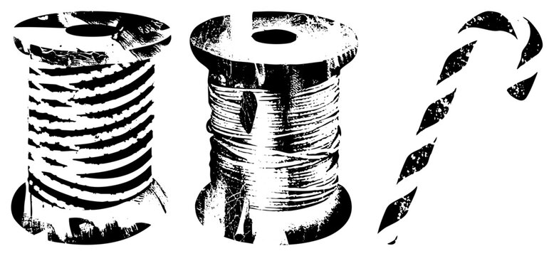 Artistic thread spool illustrations rendered in bold bobbin reels, sewing coils, textile winding elements. Ideal for print design or embroidery themed visuals.