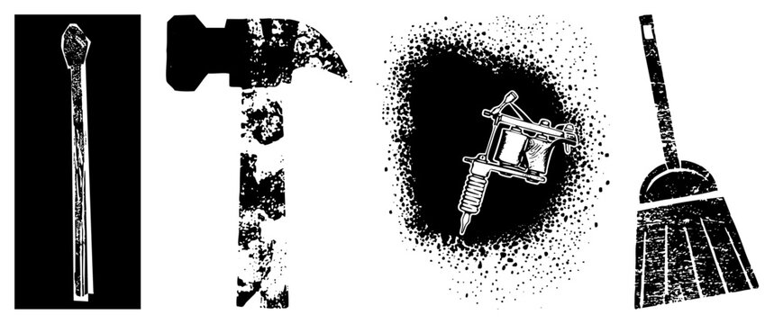 Distressed tattoo gun surrounded by splatter dots, ink device, vintage tattoo equipment, halftone graphic, street art style, cutout illustration.
