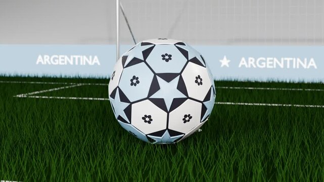 Spin sending soccer ball descending onto green turf at goal line, revealing goal net, ARGENTINA ad