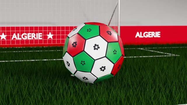 Tracking soccer ball spinning then bouncing over white field line onto turf, showing ALGERIE boards