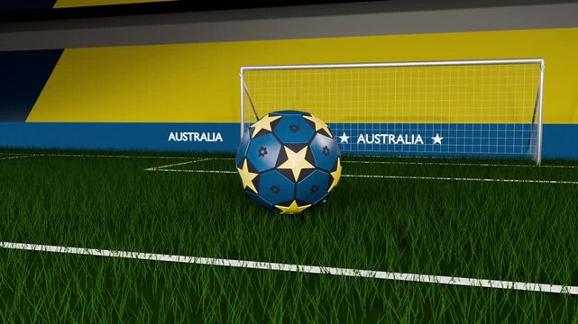 Dropping from thin cable, blue soccer ball with yellow stars rolling toward goal, AUSTRALIA band
