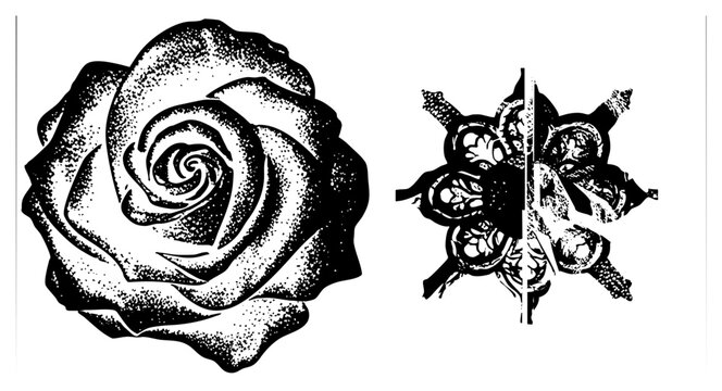 Stylized rose with stippled shading, ornamental emblem, botanical illustration, tattoo flash, graphic design motif.