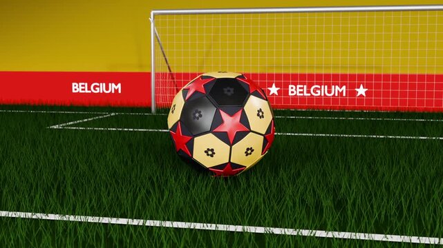 Spinning soccer ball descending and rolling toward goal on turf, BELGIUM wall showing red stars