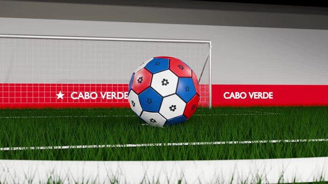 Camera shifting, spinning multicolor soccer ball descending, rolling toward goal net CABO VERDE