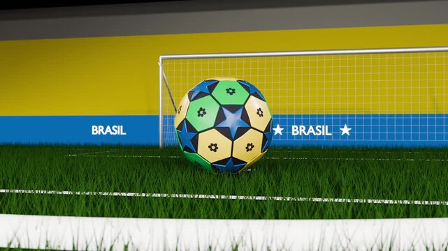 Shifting camera from closeup, spinning soccer ball dropping onto turf, settling before goal, BRASIL