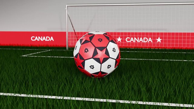 Spinning red-white soccer ball launching across green pitch toward goal frame, CANADA boards