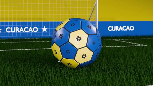 Falling blue-yellow soccer ball skidding across turf, settling inside goal net by CURACAO board