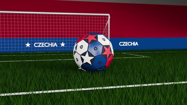 Support releasing soccer ball rolling toward goal on turf, settling outside net near CZECHIA