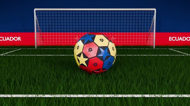 Spinning colorful ball dropping to grass, crossing white arc, stopping before net, ECUADOR band