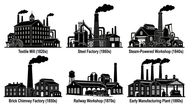Vintage Industrial Revolution Factories - Black and White Silhouettes
