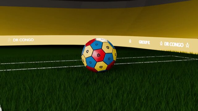 Falling multicolor soccer ball from dark into pitch, bouncing, settling, LED ribbon showing GROUP K