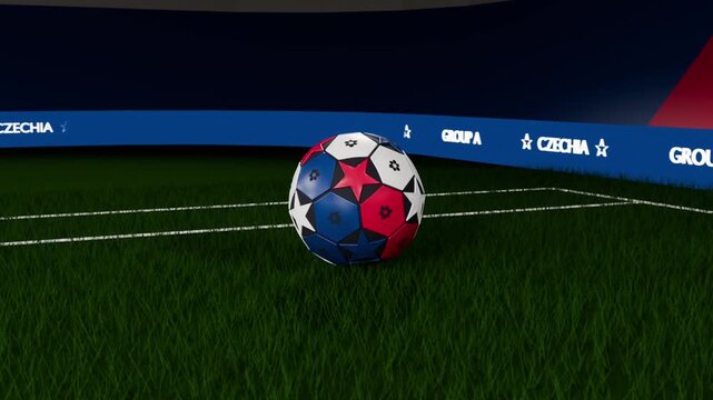 Spinning star-patterned soccer ball descending toward turf, camera pulling back, CZECHIA ribbon