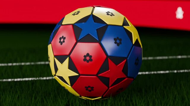 Pulling back camera revealing glossy soccer ball rotating slowly on grass pitch, showing red band