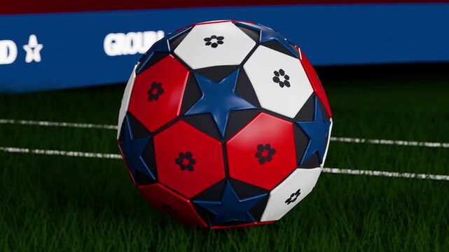 Pulling back revealing red white blue soccer ball dropping, hitting turf, settling on grass pitch