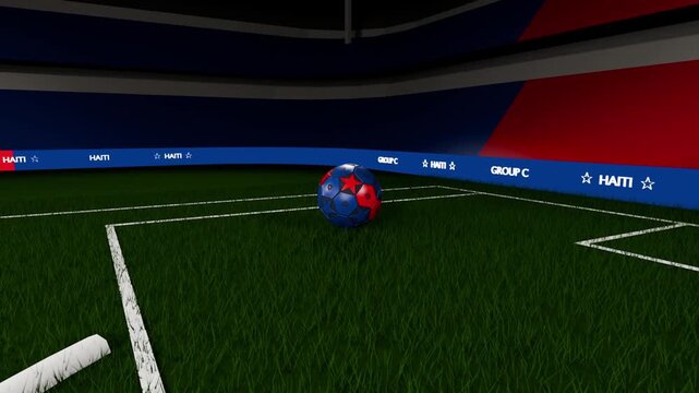 Dropping from above star soccer ball rotating rolling into penalty box settling before goal net
