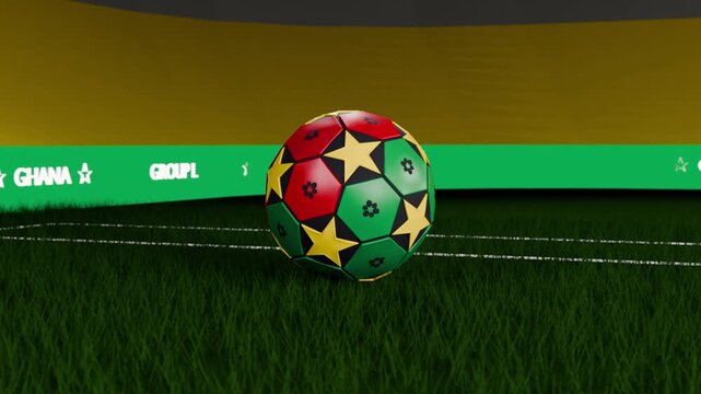 Spinning soccer ball descending and settling on midfield turf after camera pullback, GHANA band