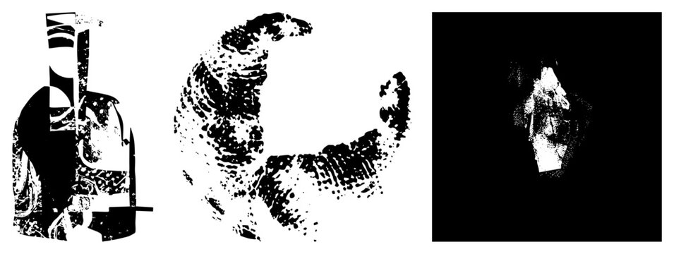 Stylized digital featuring irregular geometric forms, pixelated silhouette, glitch art motif, rasterized contour, vectorized noise.