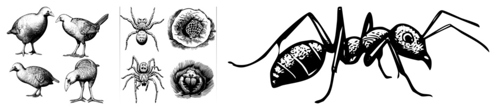 Insect and bird engravings for scientific illustration, entomology diagrams, natural history art, wildlife sketches, fauna documentation, educational biology visuals.