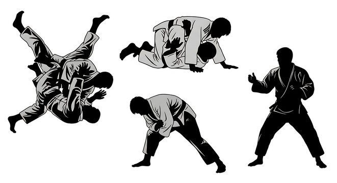 Silhouette illustrations of people practicing jiu jitsu isolated on white background