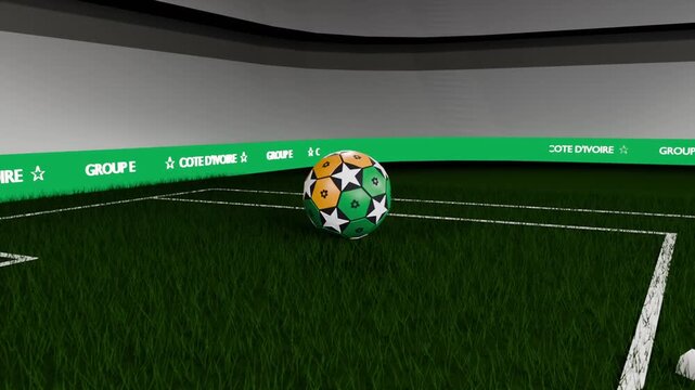 Rolling from top-left, patterned ball rotating and settling inside box with COTE D'IVOIRE ad