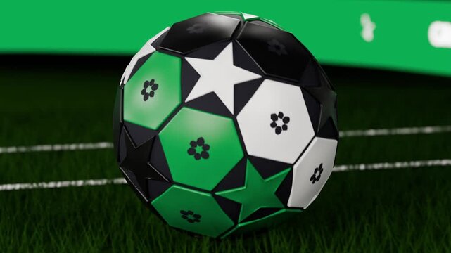 Rotating patterned soccer ball revealing green star motifs while camera pulling back on turf, promo
