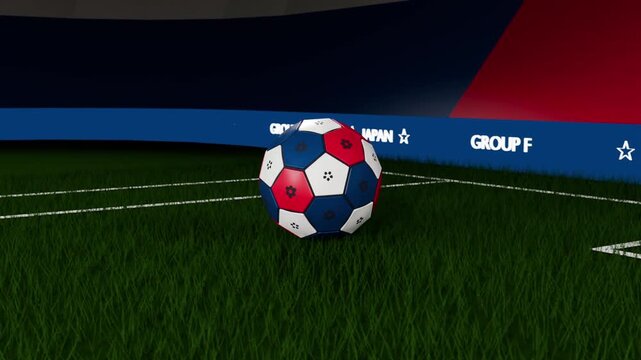 Camera pulling back while tricolor soccer ball descending and settling near goal with ad boards