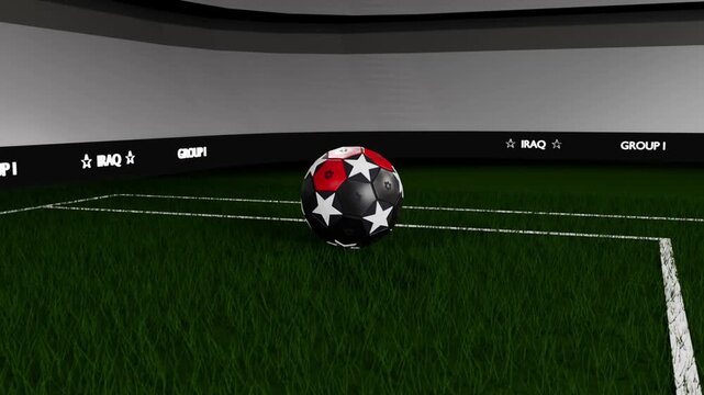 Dropping red-black star soccer ball rotating, bouncing, settling on arena turf from height, LED ads
