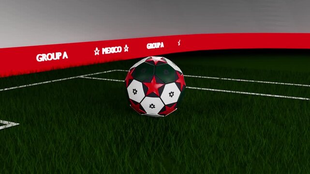 Rebounding stylized soccer ball spinning, bouncing, settling on turf near goalposts, with red stars
